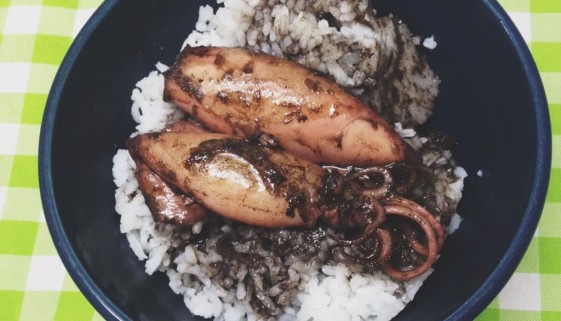 Adobong Pusit in bowl with rice